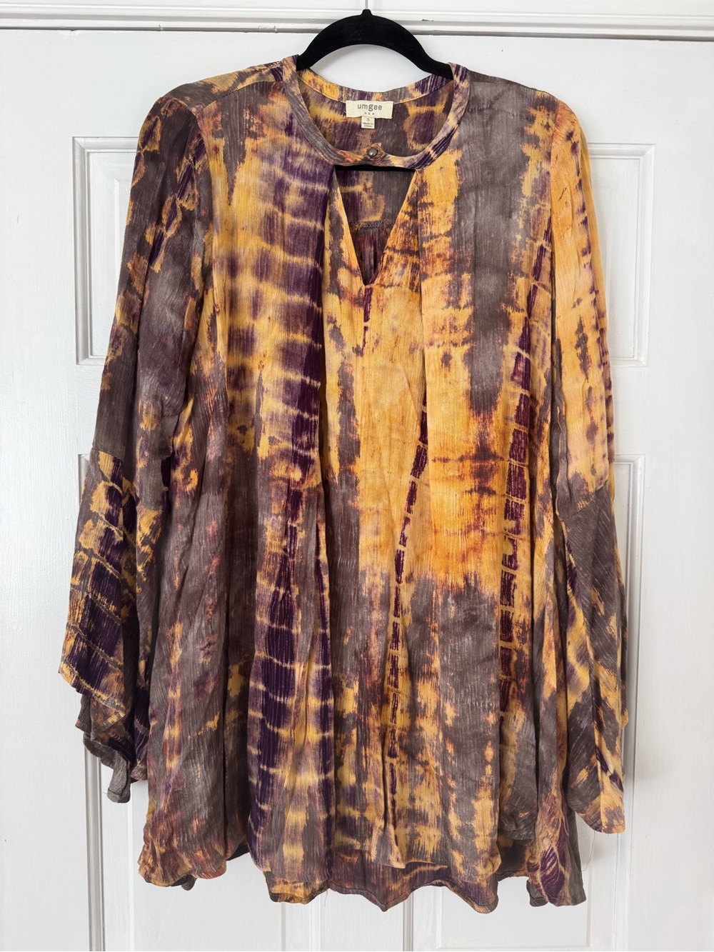 Umgee Tie-Dye Peasant Blouse in Mustard, Purple & Brownish Gray